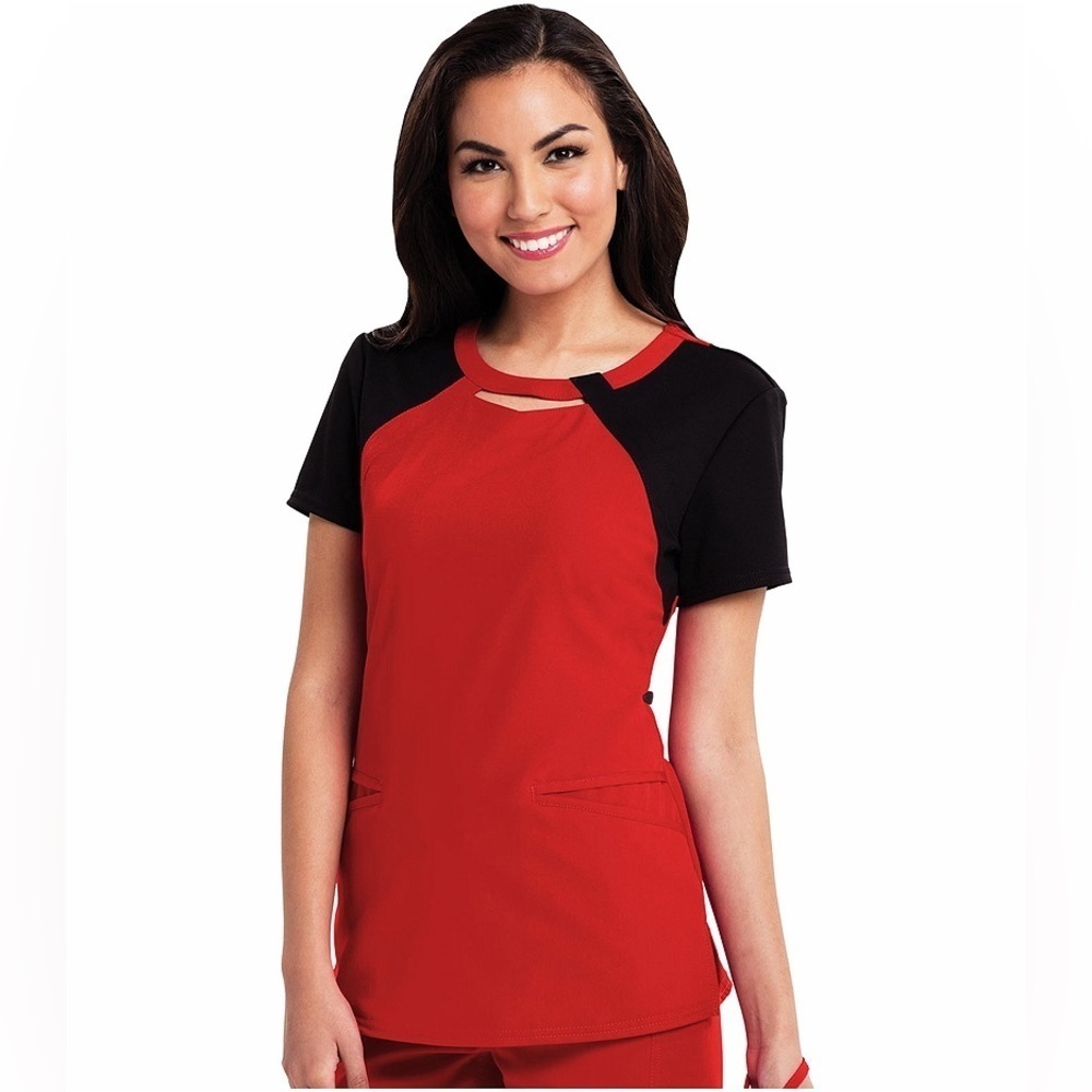 Careisma Women's Round Neck Solid Scrub Top CA606 red black size large